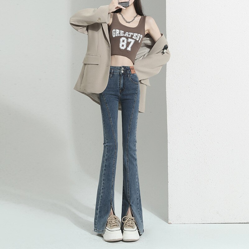 New Fashion High-quality Niche Design Sense Slit Jeans Womens High Waist Casual Retro Slim Slim Micro Flared Pants W